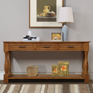 English Elm 63inch Solid Pine Console Table with 3 Drawers Mid-century Modern Entryway Storage Brown W1202114035