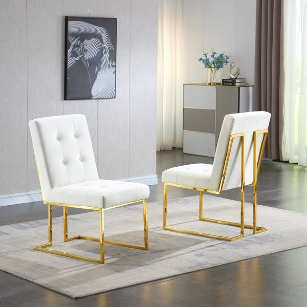 English Elm Modern Tufted Linen Dining Chairs with Gold Stainless Sled Base Glam Set of 2 Beige W1241122219