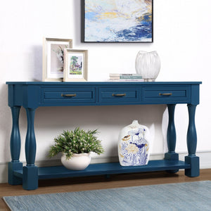 English Elm 63inch Solid Pine Console Table with 3 Drawers Mid-century Modern Entryway Storage Navy Blue W1202114032