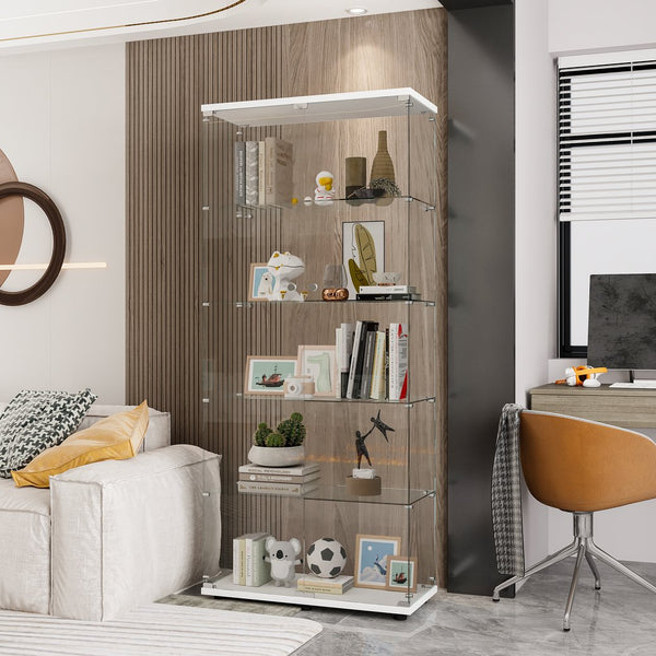 English Elm Glass Display Cabinet With 5 Adjustable Shelves, Double Door For Collectibles In Black Or White Finish W1806S00004