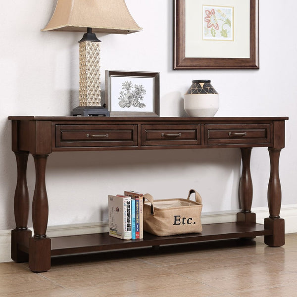 English Elm 63inch Solid Pine Console Table with 3 Drawers Mid-century Modern Entryway Storage Espresso W1202114034