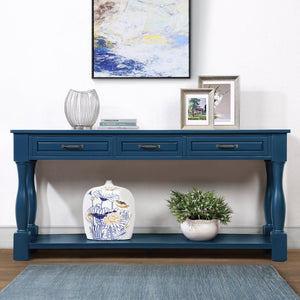 English Elm 63inch Solid Pine Console Table with 3 Drawers Mid-century Modern Entryway Storage Navy Blue W1202114032