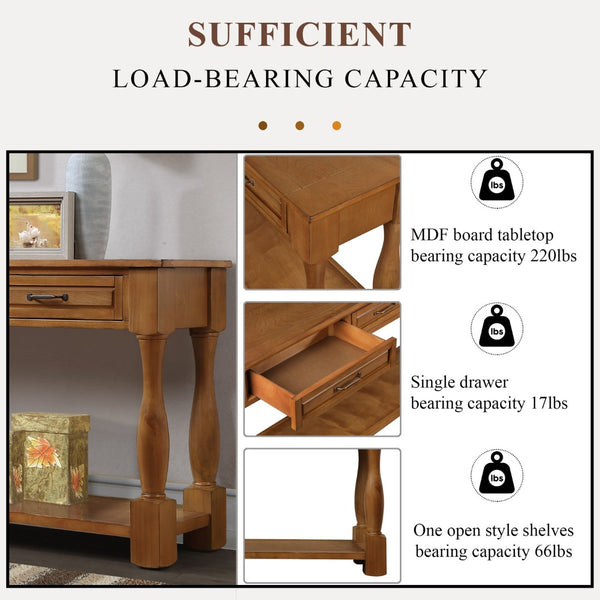 English Elm 63inch Solid Pine Console Table with 3 Drawers Mid-century Modern Entryway Storage Brown W1202114035