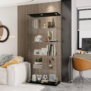 English Elm Glass Display Cabinet With 5 Shelves - Elegant Double Door, Quick Assembly For Living Room & Office Decor W1806S00003
