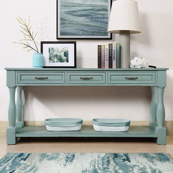 English Elm 63inch Solid Pine Console Table with 3 Drawers Mid-century Modern Entryway Storage Retro Blue W1202114031