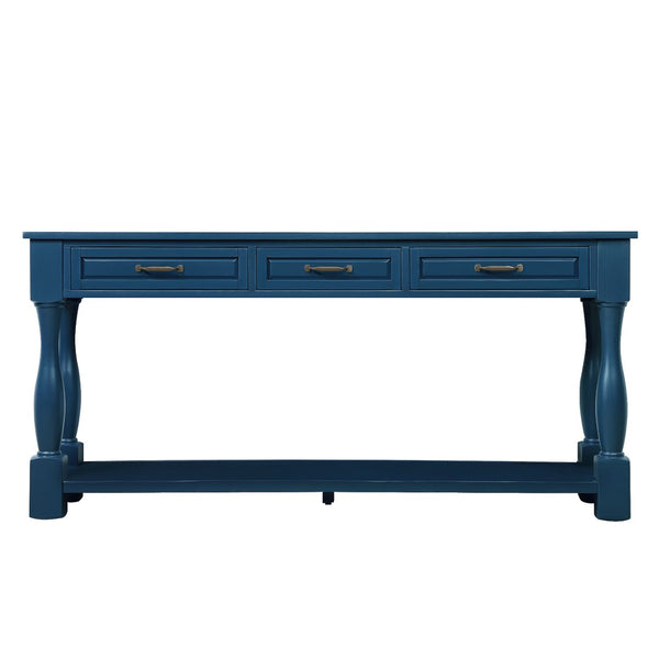 English Elm 63inch Solid Pine Console Table with 3 Drawers Mid-century Modern Entryway Storage Navy Blue W1202114032