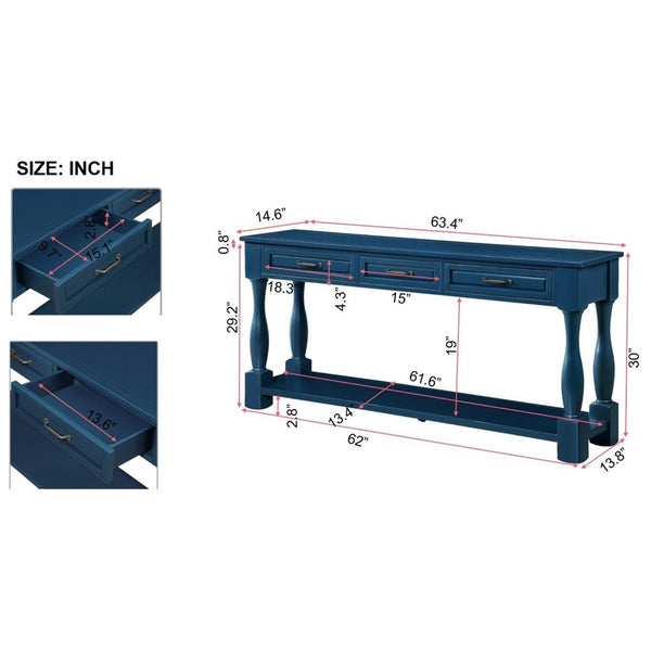 English Elm 63inch Solid Pine Console Table with 3 Drawers Mid-century Modern Entryway Storage Navy Blue W1202114032