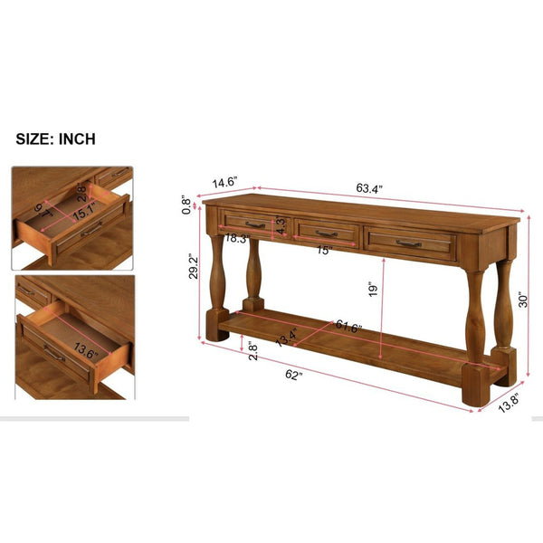 English Elm 63inch Solid Pine Console Table with 3 Drawers Mid-century Modern Entryway Storage Brown W1202114035