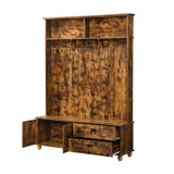 English Elm Modern Style Hall Tree With Storage Cabinet and 2 Large Drawers, Widen Mudroom Bench With 5 Coat Hooks, Rustic Brown