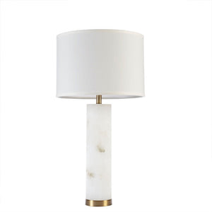 English Elm Alabaster Prague Table Lamp with Gold Metal Base, 30" White Drum Shade, Luxe Transitional Accent B035122354