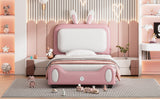 English Elm Twin Size Upholstered Rabbit-Shape Princess Bed ,Twin Size Platform Bed With Headboard and Footboard,White+Pink