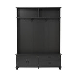 English Elm Modern Style Hall Tree With Storage Cabinet and 2 Large Drawers, Widen Mudroom Bench With 5 Coat Hooks, Black