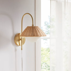 English Elm Rattan Laguna Rattan Weave Wall Sconce Gold Iron Base with Frosted Globe, Plug-In Cord, Cozy Ambient Light B035122353