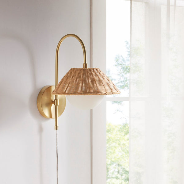 English Elm Rattan Laguna Rattan Weave Wall Sconce Gold Iron Base with Frosted Globe, Plug-In Cord, Cozy Ambient Light B035122353