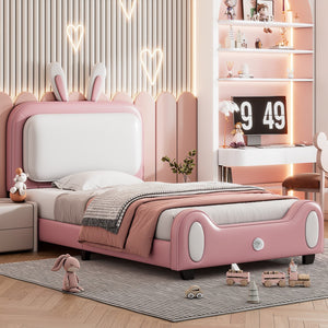 English Elm Twin Size Upholstered Rabbit-Shape Princess Bed ,Twin Size Platform Bed With Headboard and Footboard,White+Pink