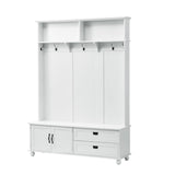 English Elm Modern Style Hall Tree With Storage Cabinet and 2 Large Drawers, Widen Mudroom Bench With 5 Coat Hooks, White