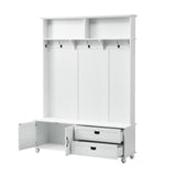 English Elm Modern Style Hall Tree With Storage Cabinet and 2 Large Drawers, Widen Mudroom Bench With 5 Coat Hooks, White