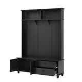 English Elm Modern Style Hall Tree With Storage Cabinet and 2 Large Drawers, Widen Mudroom Bench With 5 Coat Hooks, Black