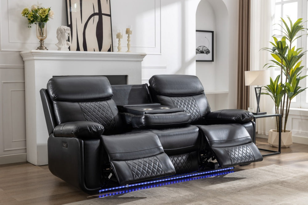 English Elm Power Reclining Home Theater Sofa Faux Leather with Led Base and Drop Down Table W1805P308444