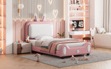 English Elm Twin Size Upholstered Rabbit-Shape Princess Bed ,Twin Size Platform Bed With Headboard and Footboard,White+Pink