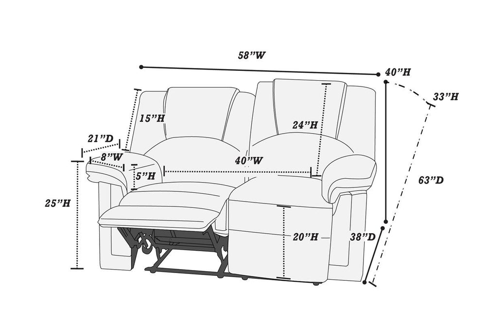 English Elm Motion Brown Bonded Leather Loveseat 60"L x 38"W Contemporary Reclining Couch with Pine Frame and Metal Mechanism HS00F6674-ID-AHD