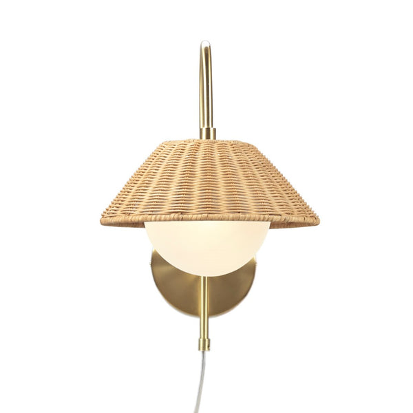 English Elm Rattan Laguna Rattan Weave Wall Sconce Gold Iron Base with Frosted Globe, Plug-In Cord, Cozy Ambient Light B035122353