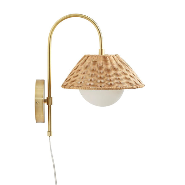 English Elm Rattan Laguna Rattan Weave Wall Sconce Gold Iron Base with Frosted Globe, Plug-In Cord, Cozy Ambient Light B035122353