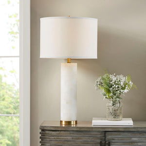 English Elm Alabaster Prague Table Lamp with Gold Metal Base, 30" White Drum Shade, Luxe Transitional Accent B035122354