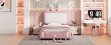 English Elm Twin Size Upholstered Rabbit-Shape Princess Bed ,Twin Size Platform Bed With Headboard and Footboard,White+Pink