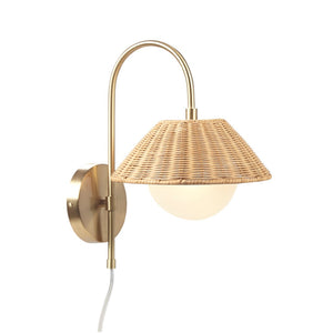 English Elm Rattan Laguna Rattan Weave Wall Sconce Gold Iron Base with Frosted Globe, Plug-In Cord, Cozy Ambient Light B035122353