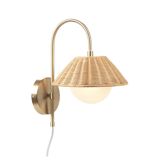 English Elm Rattan Laguna Rattan Weave Wall Sconce Gold Iron Base with Frosted Globe, Plug-In Cord, Cozy Ambient Light B035122353