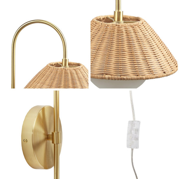 English Elm Rattan Laguna Rattan Weave Wall Sconce Gold Iron Base with Frosted Globe, Plug-In Cord, Cozy Ambient Light B035122353