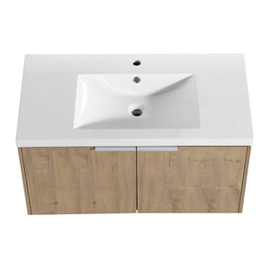 English Elm Modern 36-Inch Floating Bathroom Vanity with Resin Sink, Soft-Close Doors, Open Shelf, Eco Plywood Cabinetry W99950716
