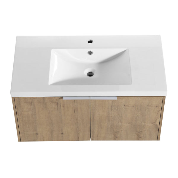 English Elm Modern 36-Inch Floating Bathroom Vanity with Resin Sink, Soft-Close Doors, Open Shelf, Eco Plywood Cabinetry W99950716