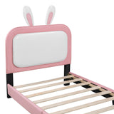 English Elm Twin Size Upholstered Rabbit-Shape Princess Bed ,Twin Size Platform Bed With Headboard and Footboard,White+Pink