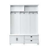 English Elm Modern Style Hall Tree With Storage Cabinet and 2 Large Drawers, Widen Mudroom Bench With 5 Coat Hooks, White