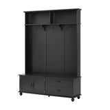 English Elm Modern Style Hall Tree With Storage Cabinet and 2 Large Drawers, Widen Mudroom Bench With 5 Coat Hooks, Black