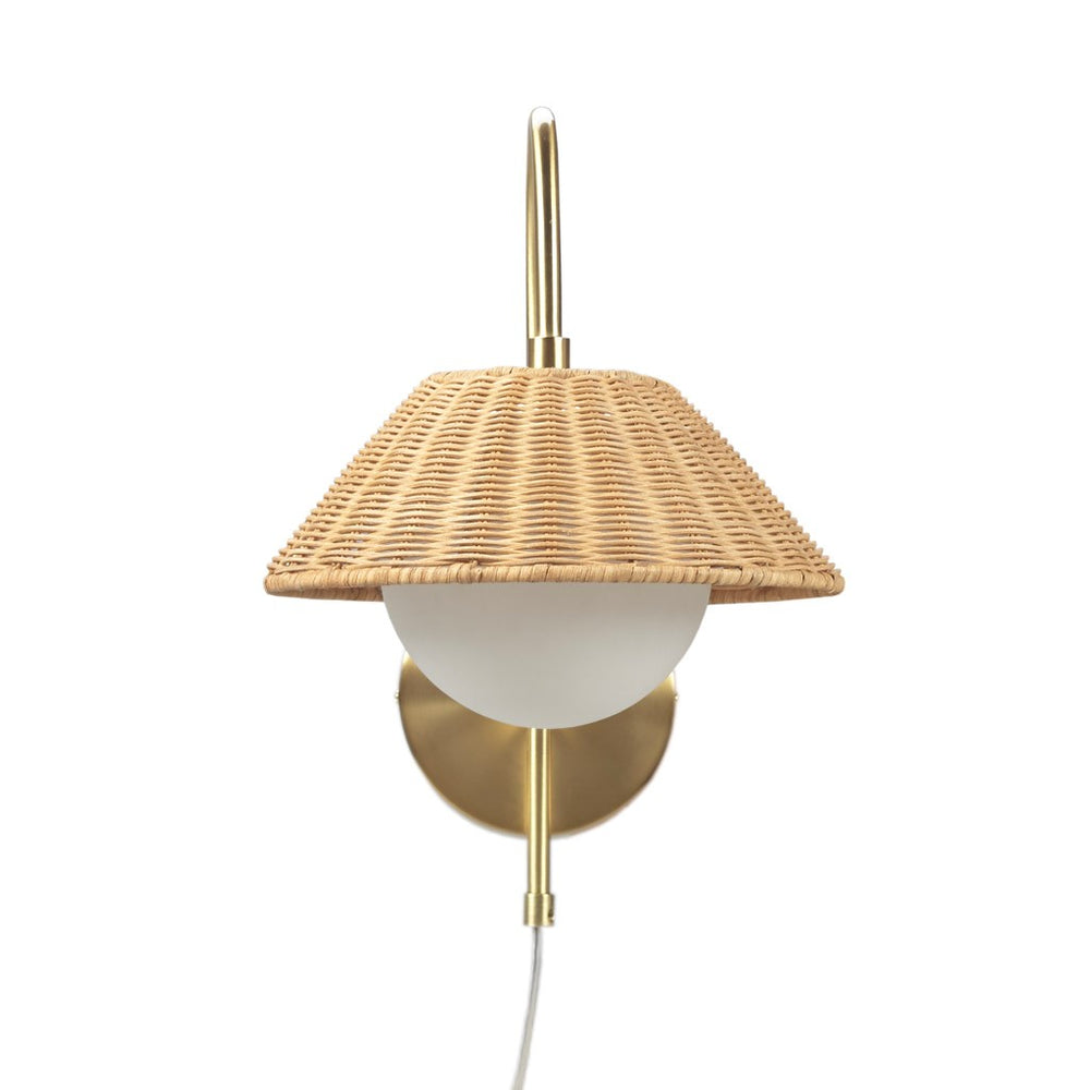 English Elm Rattan Laguna Rattan Weave Wall Sconce Gold Iron Base with Frosted Globe, Plug-In Cord, Cozy Ambient Light B035122353
