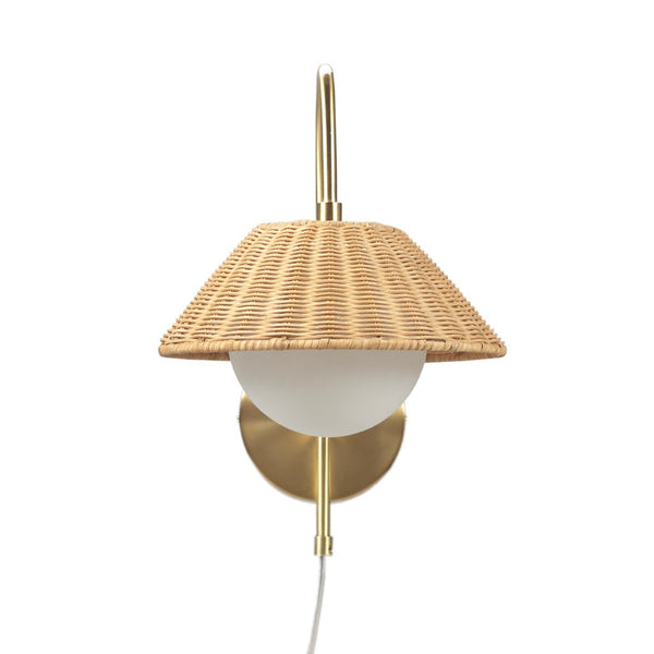 English Elm Rattan Laguna Rattan Weave Wall Sconce Gold Iron Base with Frosted Globe, Plug-In Cord, Cozy Ambient Light B035122353