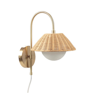 English Elm Rattan Laguna Rattan Weave Wall Sconce Gold Iron Base with Frosted Globe, Plug-In Cord, Cozy Ambient Light B035122353