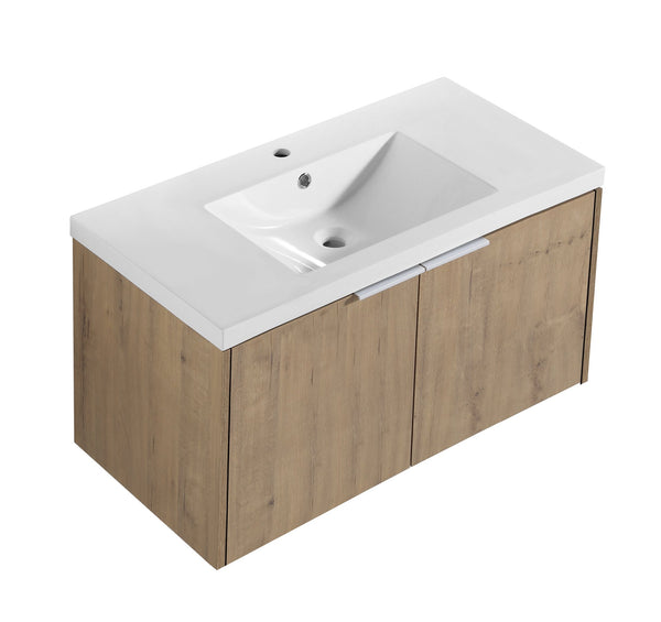 English Elm Modern 36-Inch Floating Bathroom Vanity with Resin Sink, Soft-Close Doors, Open Shelf, Eco Plywood Cabinetry W99950716