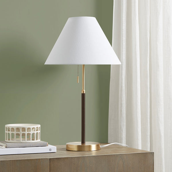 English Elm Two Tone Bromley Pull-Chain Table Lamp — Mid-Century Two-Tone Iron Base, Tapered Empire Shade, LED Included B035122355