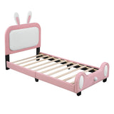 English Elm Twin Size Upholstered Rabbit-Shape Princess Bed ,Twin Size Platform Bed With Headboard and Footboard,White+Pink