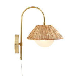 English Elm Rattan Laguna Rattan Weave Wall Sconce Gold Iron Base with Frosted Globe, Plug-In Cord, Cozy Ambient Light B035122353