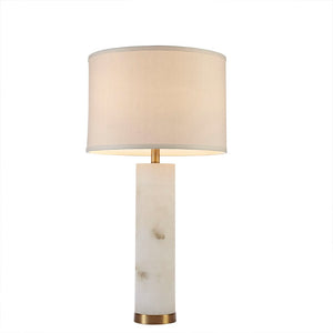 English Elm Alabaster Prague Table Lamp with Gold Metal Base, 30" White Drum Shade, Luxe Transitional Accent B035122354