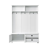 English Elm Modern Style Hall Tree With Storage Cabinet and 2 Large Drawers, Widen Mudroom Bench With 5 Coat Hooks, White