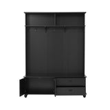 English Elm Modern Style Hall Tree With Storage Cabinet and 2 Large Drawers, Widen Mudroom Bench With 5 Coat Hooks, Black