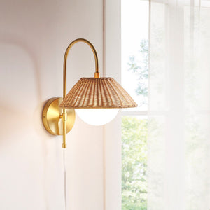 English Elm Rattan Laguna Rattan Weave Wall Sconce Gold Iron Base with Frosted Globe, Plug-In Cord, Cozy Ambient Light B035122353
