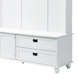 English Elm Modern Style Hall Tree With Storage Cabinet and 2 Large Drawers, Widen Mudroom Bench With 5 Coat Hooks, White