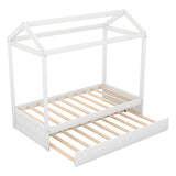 Twin Size House-Shaped Bed with Trundle and Pre-drilled Holes, White